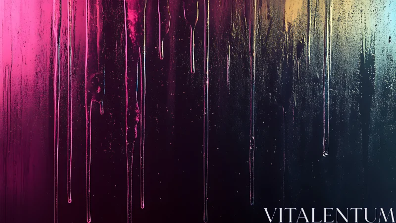 Vertical neon paint drips streak down a textured dark surface.