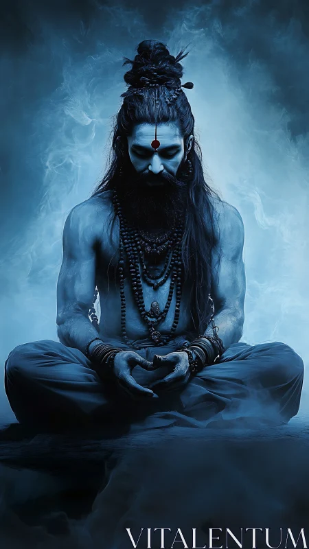 Blue-lit ascetic yogi in lotus posture within swirling smoke