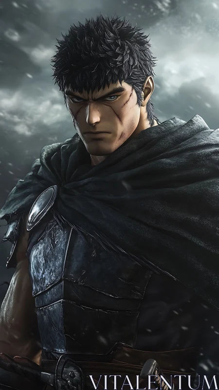 Stormlit warrior with quiet strength and scarred resolve.