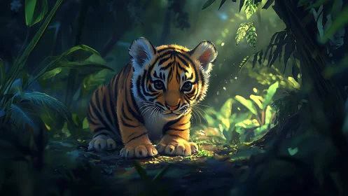 Young tiger cub resting in softly lit dense jungle scene.