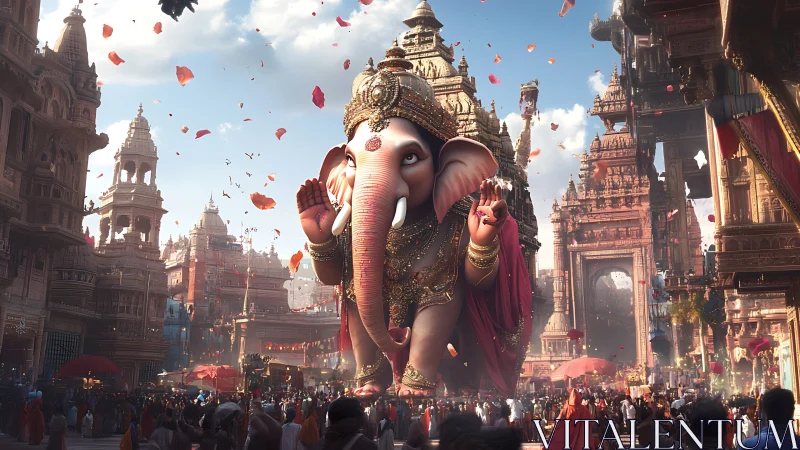 Majestic Ganesh statue towers over vibrant temple festival.