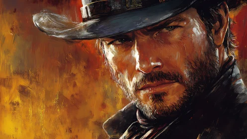 Brooding cowboy portrait against fiery abstract backdrop.