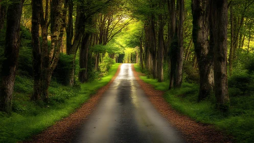 Tree-Lined Rural Path With Asymmetrical Canopy Creating Atmospheric Perspective Vanishing Point