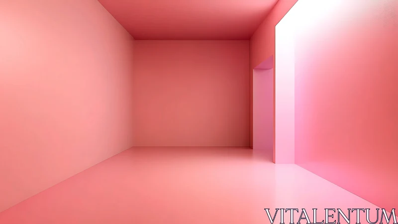 Minimal pink room interior with glowing doorway portal.