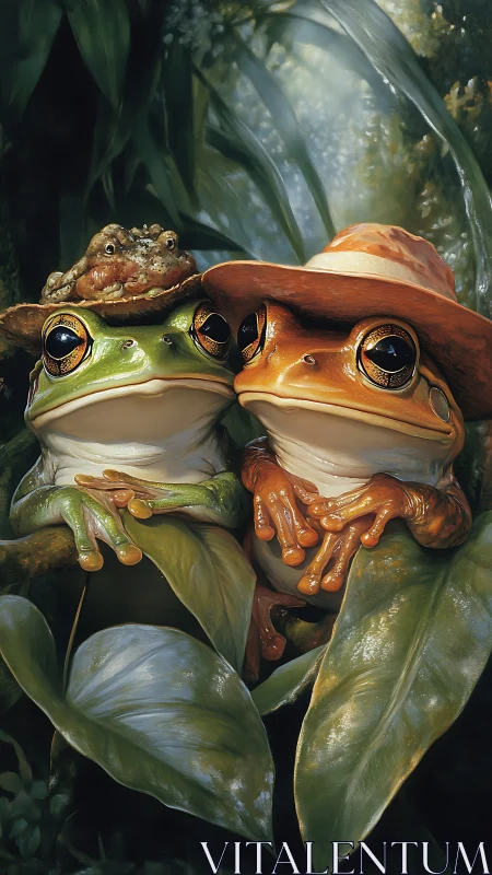 Frogs wearing wide hats rest closely together on glossy leaves