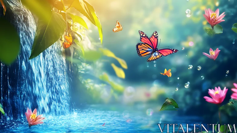 Vibrant butterflies over waterfall in dreamy fantasy nature scene.