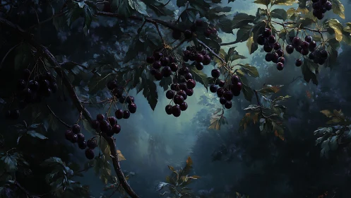 Dark cherry branches hang over misty forest clearing