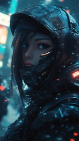 Neon snow sentinel in glossy cyber armor under frozen lights.