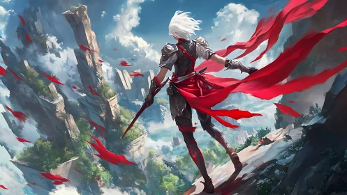 Lone white haired warrior on cliff with red banners.