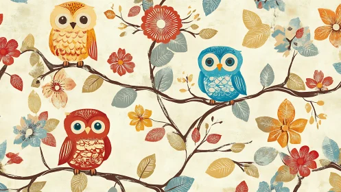 Three Colorful Cartoon Owls on Floral Branches, Whimsical Art Style.
