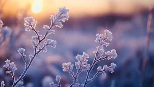 Frosted winter branches against soft sunrise background.