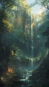 Ancient Waterfall Tower Illuminated by Golden Sunlight.