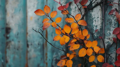 Autumn vine against weathered teal metal backdrop, shallow focus.