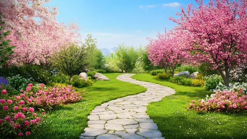Soft spring garden path curves through bright blossom trees