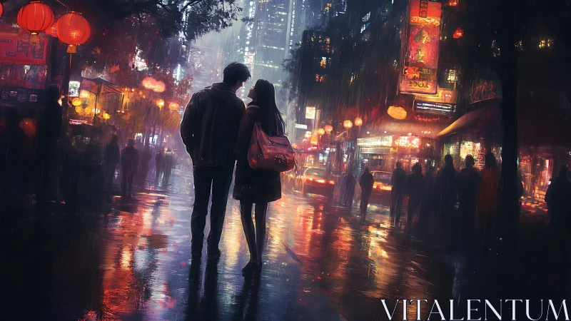 Neon-Lit Urban Couple in Rain: Cyberpunk Street Photography Rendered