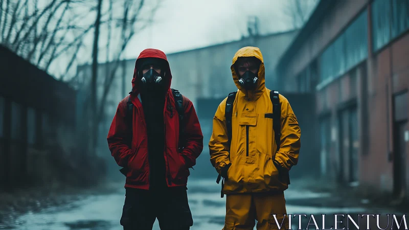 Two masked figures in colored jackets on deserted street.