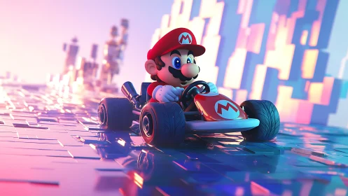 Kart-driving game character in reflective digital circuitscape.