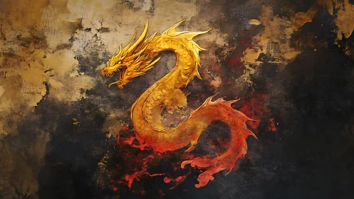 Golden embers: a curling dragon painted in firelight.