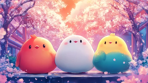 Springtime pastel birds beneath glowing sakura canopy.