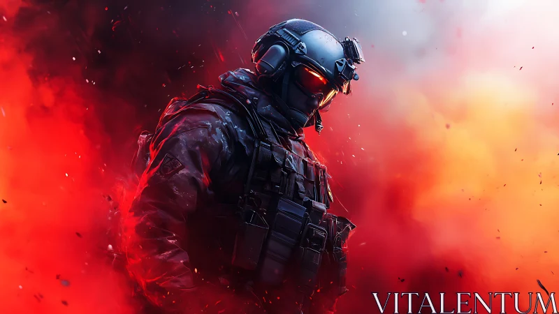 Armored futuristic soldier stands amid blazing red smoke