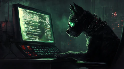 Cyberpunk coding dog at glowing retro computer console.