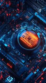 Neon cyber core renders glowing circuitry within dark board.