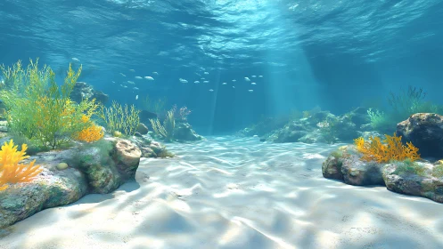 Sunlit shallow seabed with rocks, seaweed, and clear water.