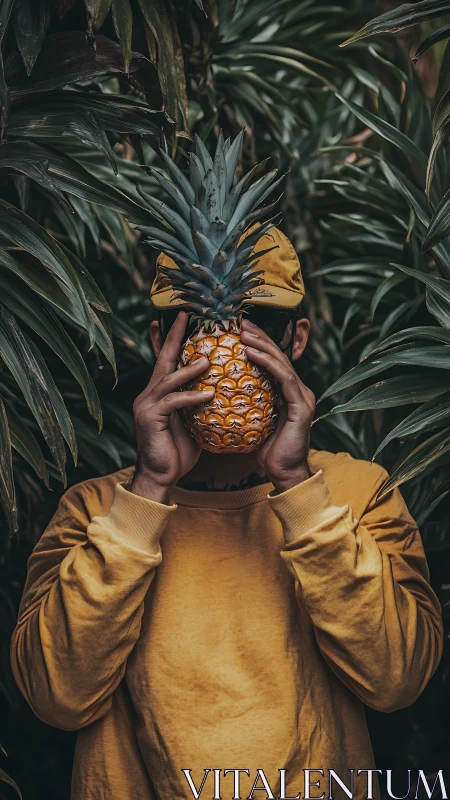 Portrait of obscured face with pineapple in muted jungle tones