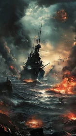 Warship cuts through burning storm-tossed battlefield sea.