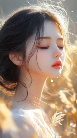 Young woman in soft backlight stands in sunlit field