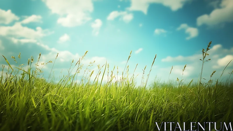 Sunlit meadow grasses under luminous summer sky.