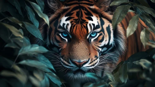 Emerald jungle tiger with piercing cyan eyes in foliage.