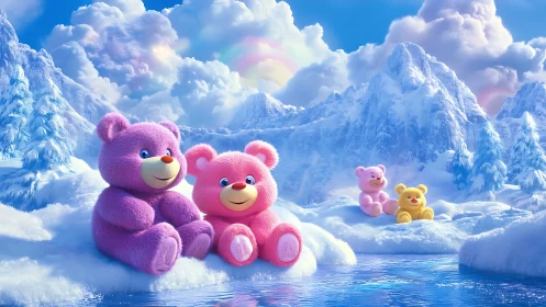 Candy-colored teddy bears bask in a shimmering ice kingdom.