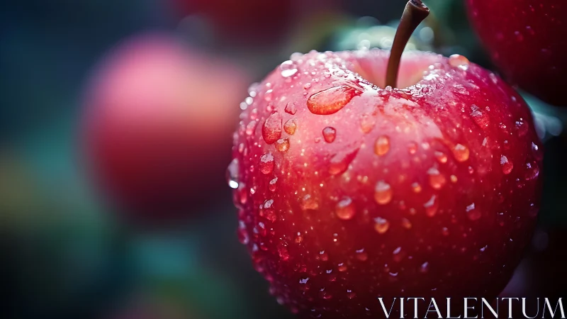 Macro analysis of dewy red apple with shallow depth of field
