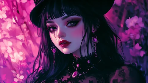 Gothic girl gazes under violet neon glow in floral haze