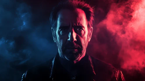 Moody portrait framed by bold red and blue drifting smoke.