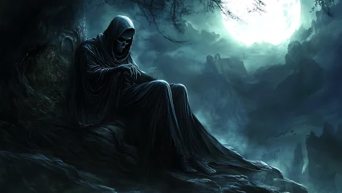 Brooding reaper rests beneath a haunting, moonlit sky.