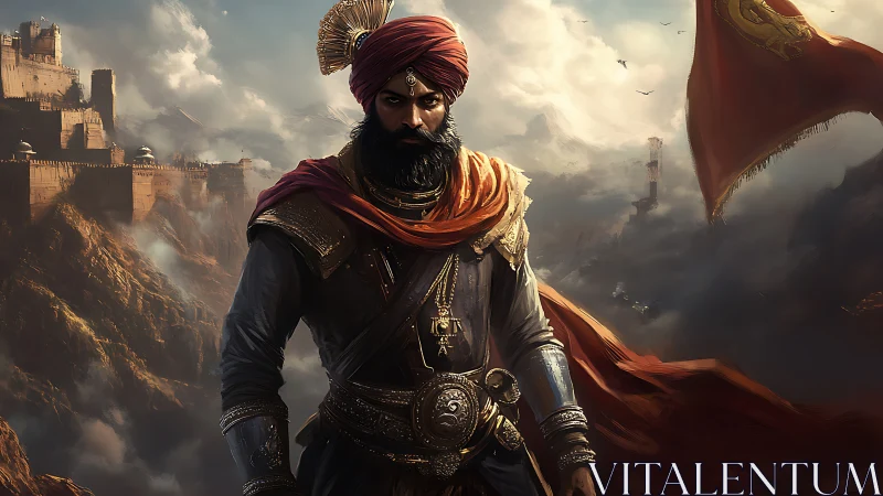 Warrior prince beneath stormlit fortress banners poised.