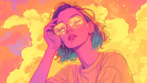 Neon lit girl gazes upward through reflective sunset glasses