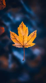 Golden maple leaf hovers against deep blue autumn bokeh