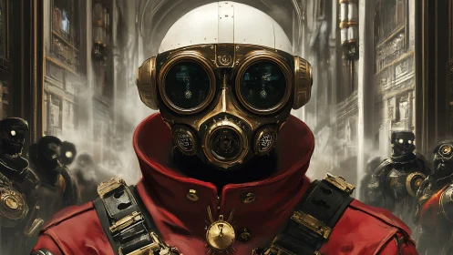 Cyberpunk gasmask officer in industrial corridor environment.