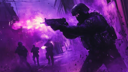 Tactical assault team advances through neon-lit alley gunfire