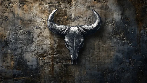 Bull skull wall artwork on textured dark concrete background.