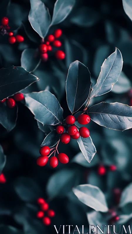 Scarlet berries glow against deep teal woodland leaves at dusk.