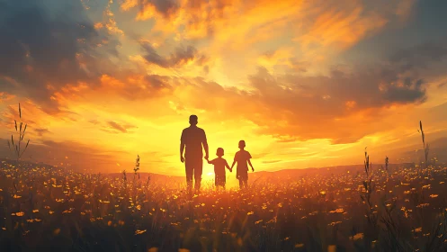 Backlit family silhouettes in luminant sunset meadowscape.
