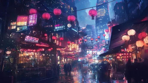 Cyberpunk night market under neon signs and lanterns glow.