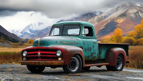 Weathered teal pickup rests under brooding alpine sky.