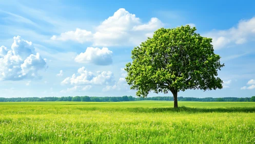 Isolated deciduous tree in high-saturation pastoral landscape.