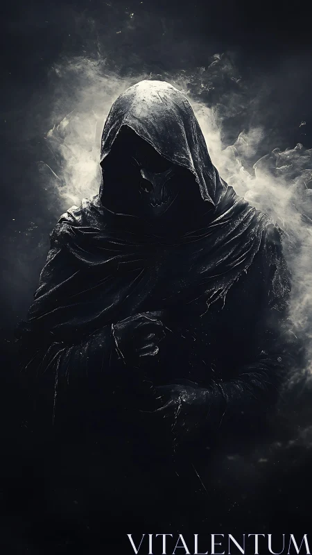 Hooded skeletal wraith emerges from swirling black mist