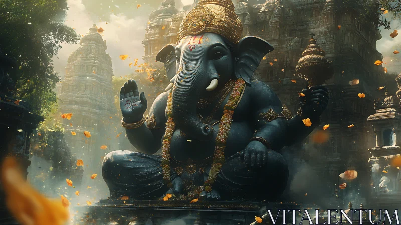 Majestic Ganesha statue amid ancient temple spires and petals.